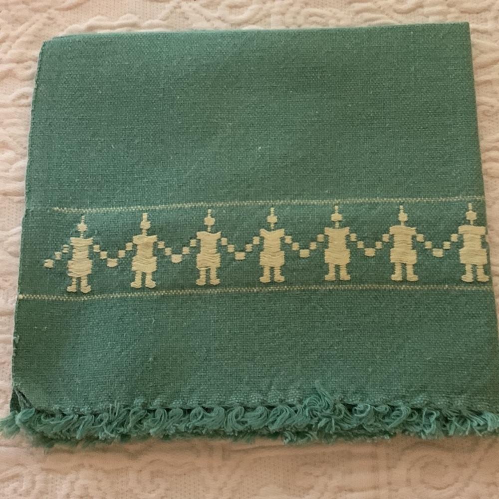 VINTAGE LUNCHEON NAPKINS SET OF (4) TEAL/WHITE:SELF KNOTTED FRINGE 12”x13”COTTON - Picture 3 of 5